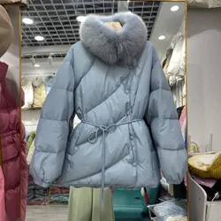 2023 New Women Down Jacket Winter Coat Female Fox Fur Collar Muffler Parkas Waist Lace Outwear Mid Length Version Warm Overcoat