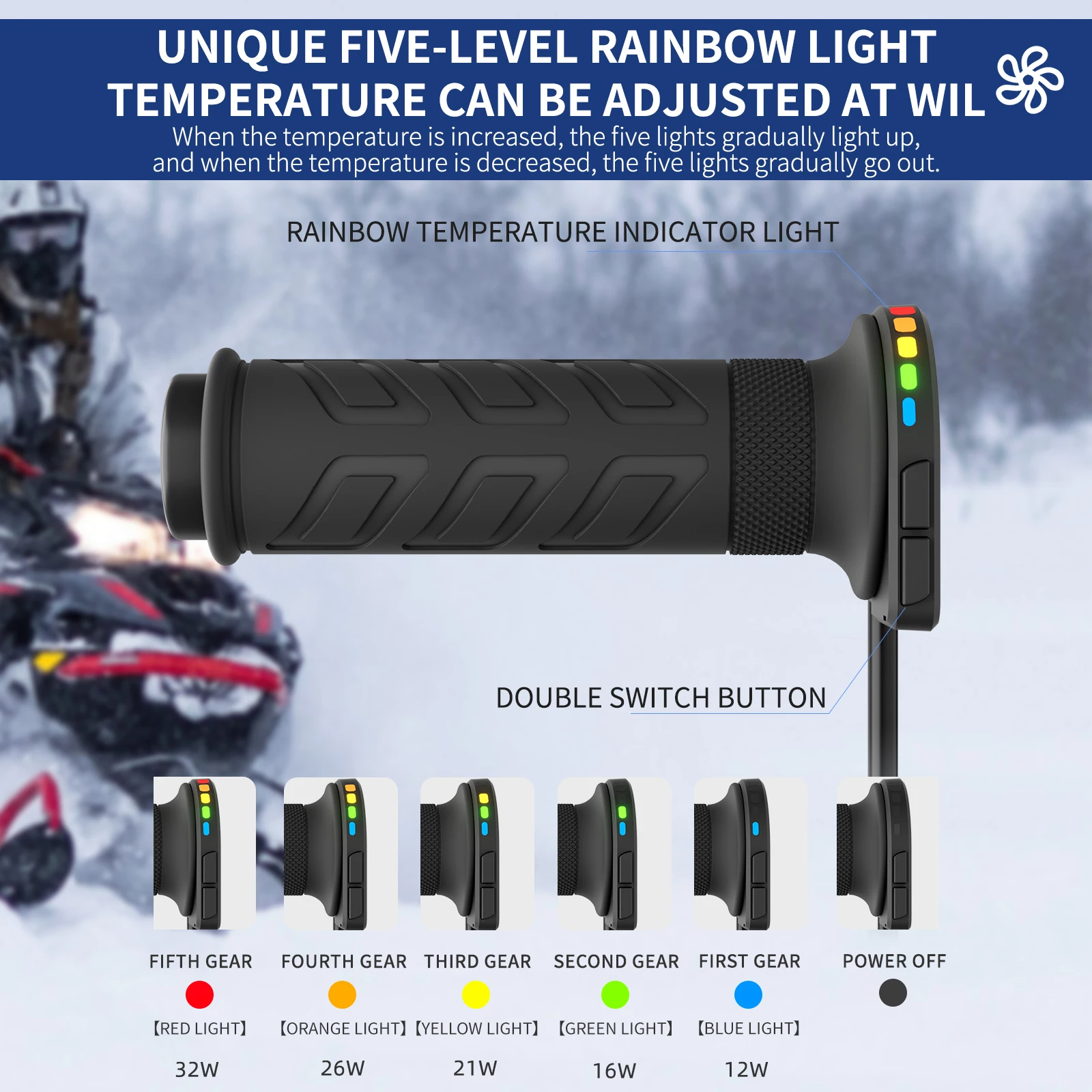 1 paire de poignées chauffantes pour moto, 12V, 22mm, 5 vitesses, température réglable, poignée chauffante électrique universelle pour moto