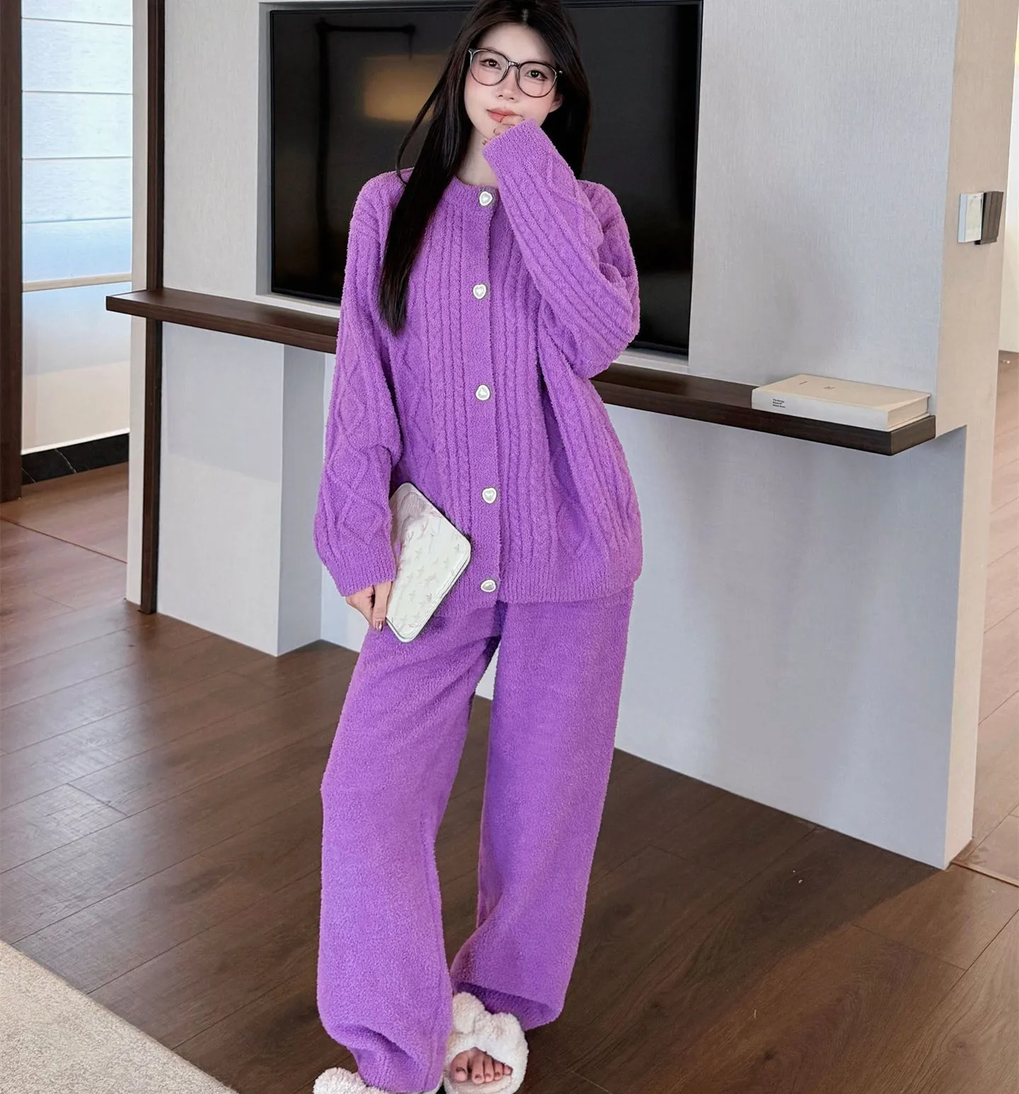 Solid Color Flannel Sleepwear for Women Autumn and Winter Thick Warm Suit Sweet Girl's Home Outfit Cardigan Two Piece Sets