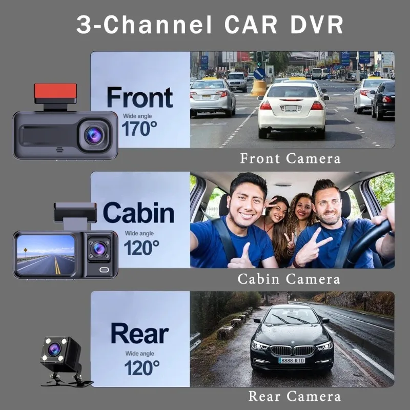 Dashcam for Car Dash Camera Loop Recording Dvr Cam Front Rear 170 Degree Wide Angle Black Box HD 1080p Night Vision 2.0 Inch