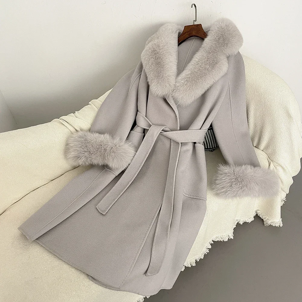 Long Fur Coat Ladies Wool Coat Woolen Natural Real Fox Fur Collar Winter Jacket Women Belt Warm Outerwear Streetwear 2024