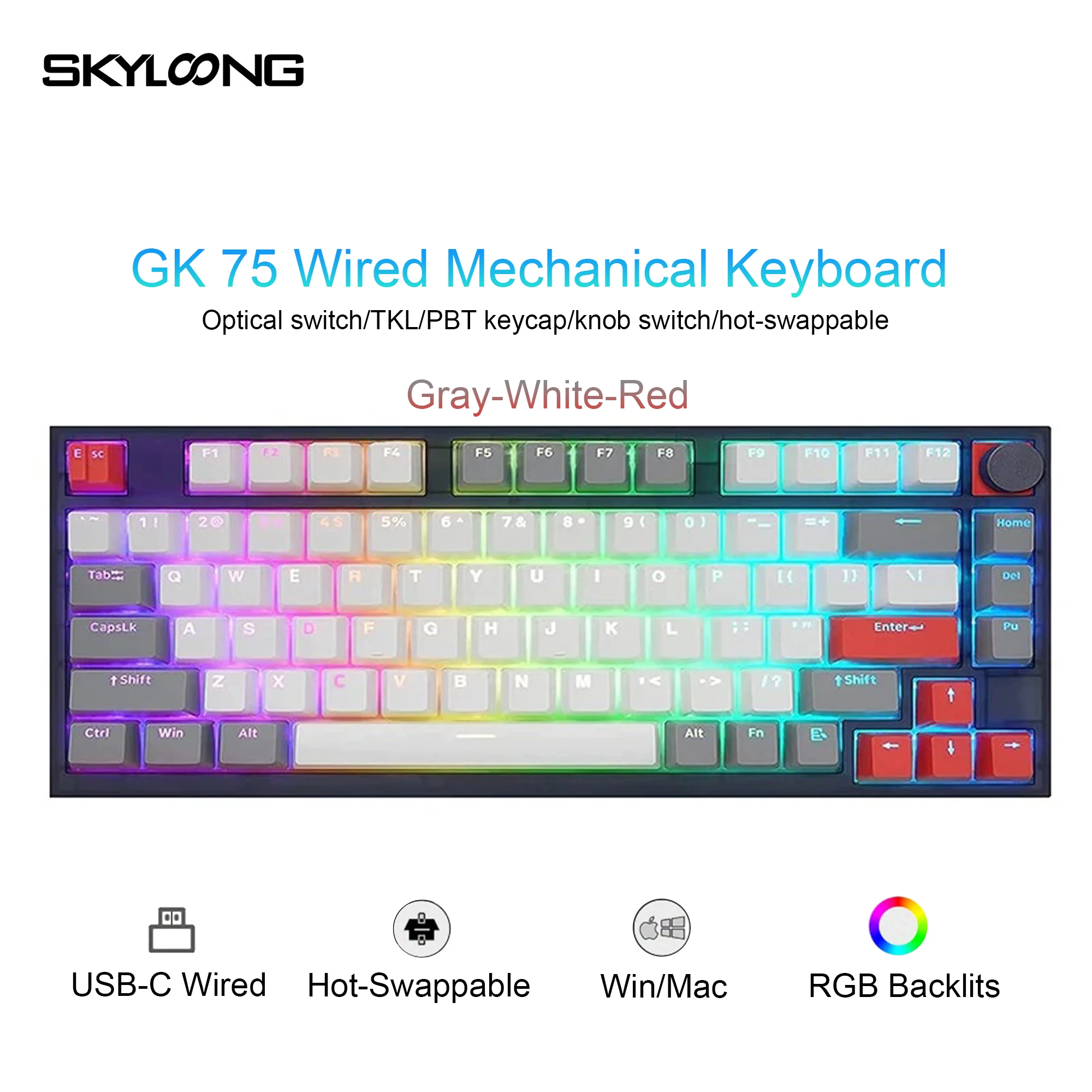 SKYLOONG GK75 TKL Klawiatura Kompaktowa programowalna klawiatura do gier 75% Układ RGB Przewodowa klawiatura mechaniczna z możliwością wymiany podczas pracy z Konb