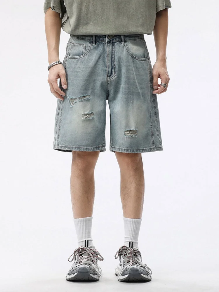 

Мужские рваные джинсовые шорты UKTK с высокой талией, прямым кроем, свободные, летние, легкие, повседневные, с пятью карманами