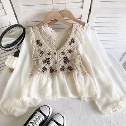 Boring Honey V-Neck Chiffon Sleeve Splicing Clothes For Women Retro Flower Embroidery Women's T-Shirt Hollow Out Short Tops