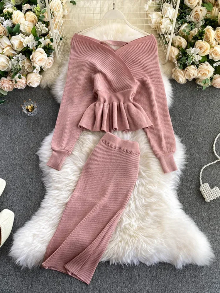 Women Korean New Style Cross V-neck Puff Sleeve Short Waist Top + Elastic High Waist Pleated Skirt Knitting Two Piece D040