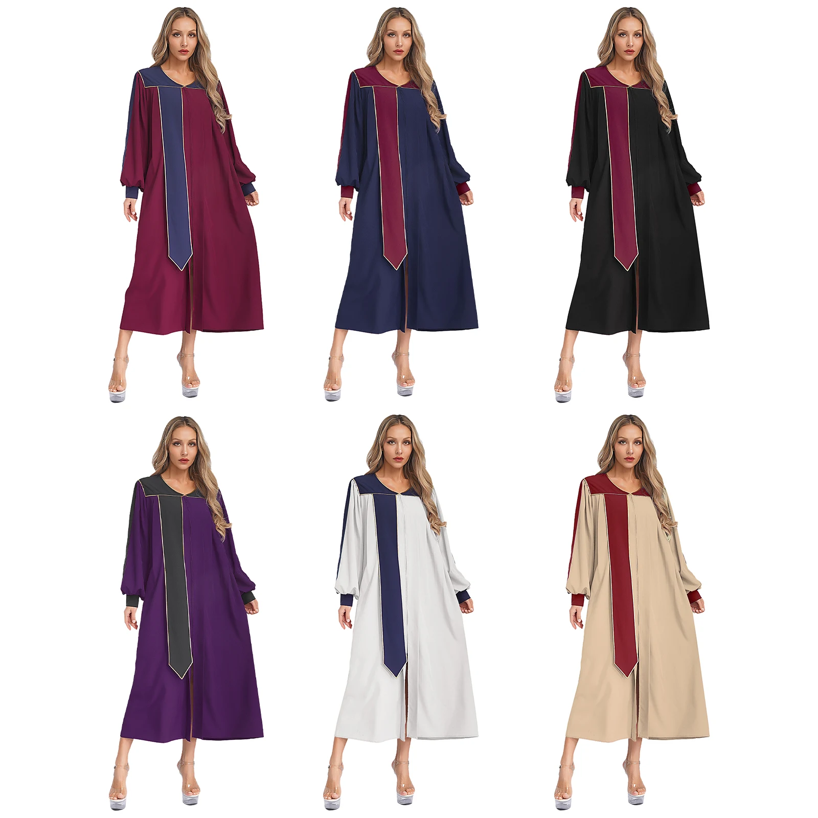 ผู้หญิงผู้ใหญ่โบสถ์ Robes Choir Robe แขนยาวหลวม Fit Chorus ชุดเครื่องแต่งกายสีบล็อกแยกซิปด้านหน้าชุด