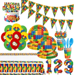 Building Blocks Birthday Decorations Children's Toys Theme Party Supplies Disposables Tableware Cake Topper Balloons Baby Shower