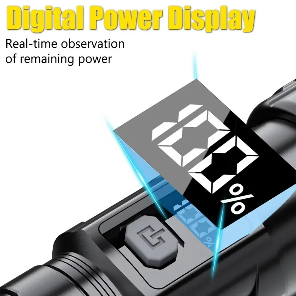 Rechargeable Super Bright LED Flashlight Portable Telescopic Sliding Zoom Outdoor Strong Light Flashlight Digital Display