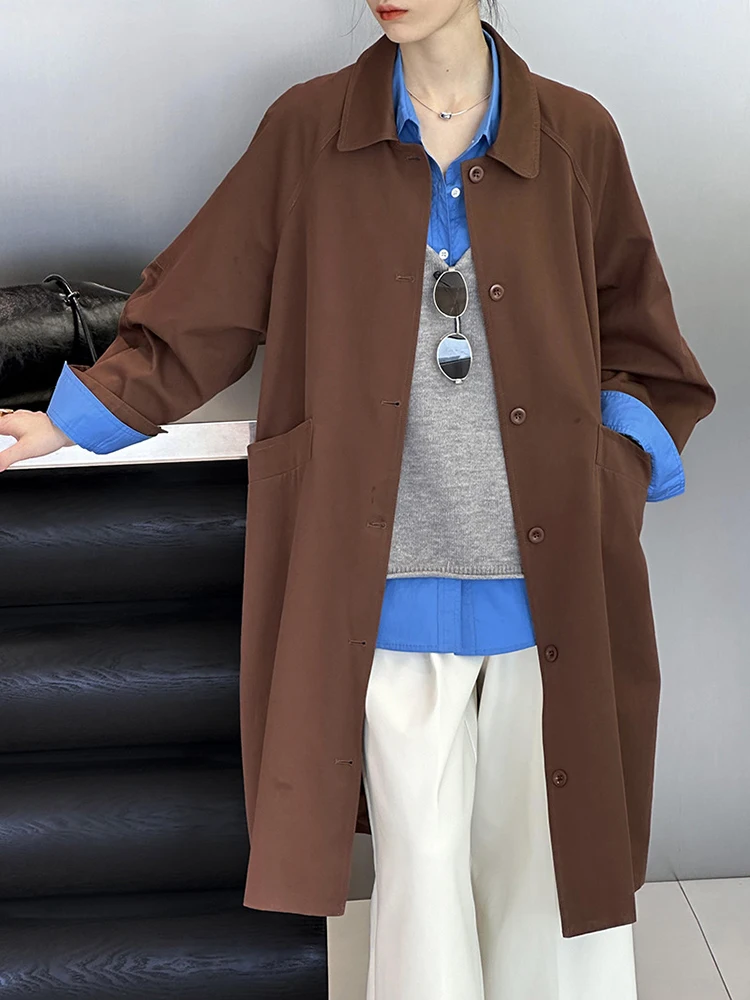 [LANMREM] Vintage Lapel Mid-length Trench Women Single Breasted Long Sleeve Office Lady Fashion Windbreaker 2024 Autumn New