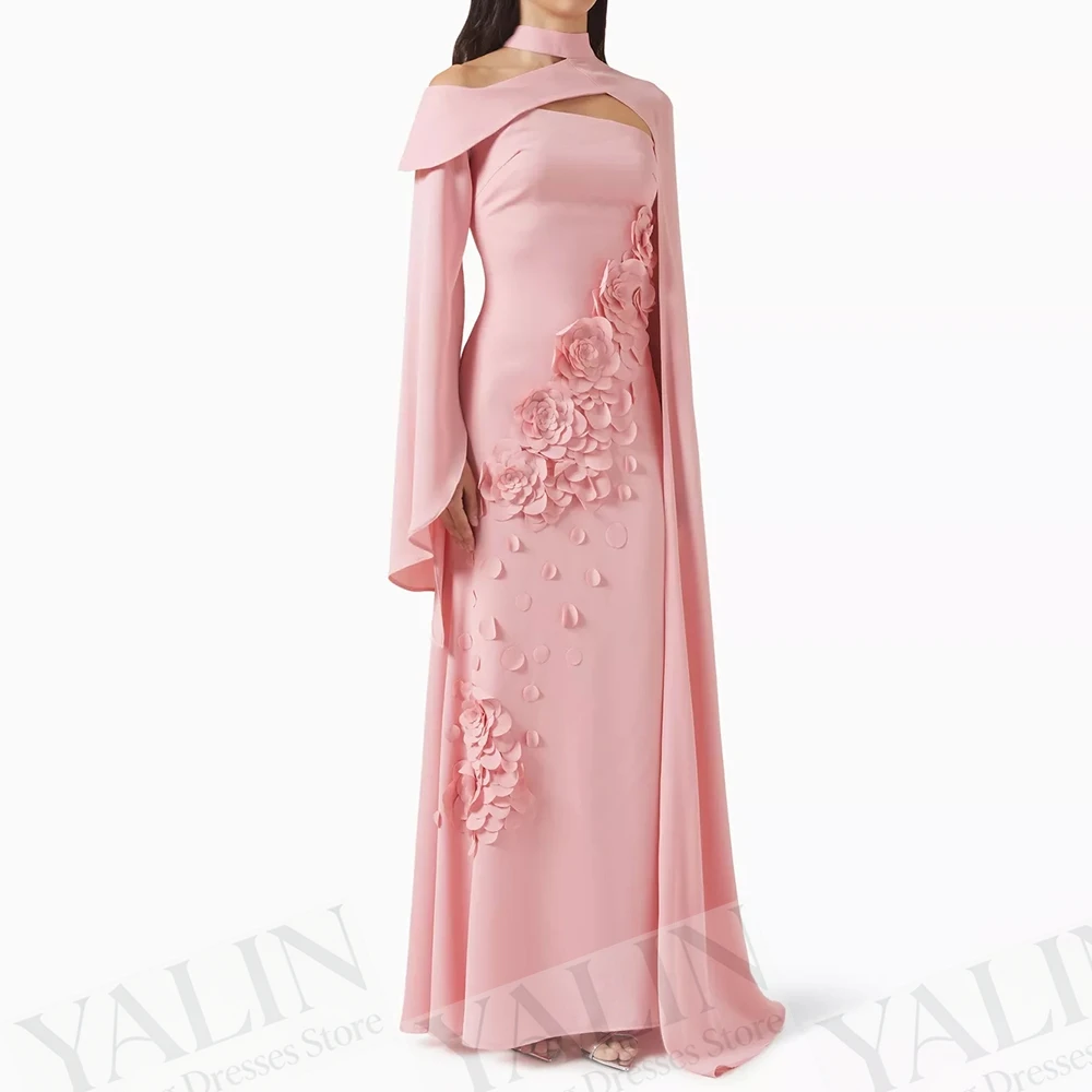 

Women's A-line Evening Dresses Floor-length High-neck Full Sleeve Prom Gown Fashion Flowers Simple Stole Draped Customized Gowns