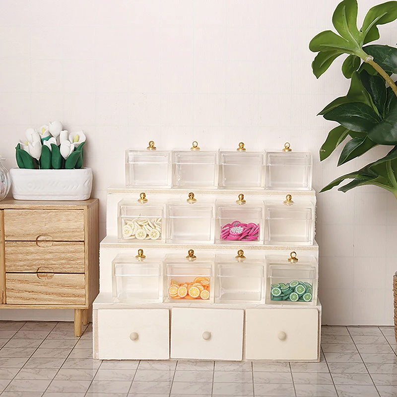 Estante de exhibición en miniatura para casa de muñecas, caja de dulces, cajón, armario con muebles transparentes, decoración, accesorios para casa de muñecas de juguete, 1:12