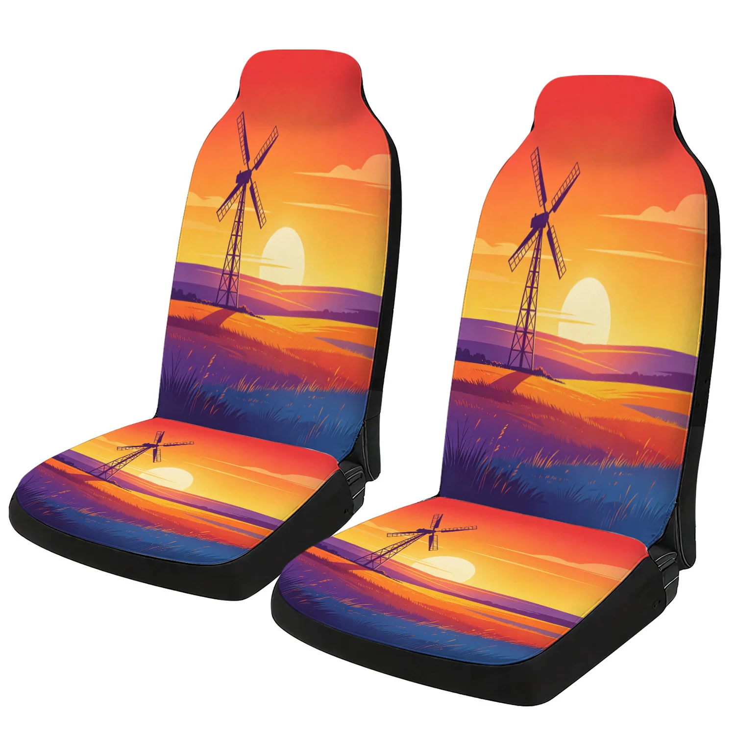 Car Seat Covers Auto Seat Protectors Universal Fit, Orange Yellow Sunset Windmill Landscape, Modern, Car SUV Truck Road Trip Dai
