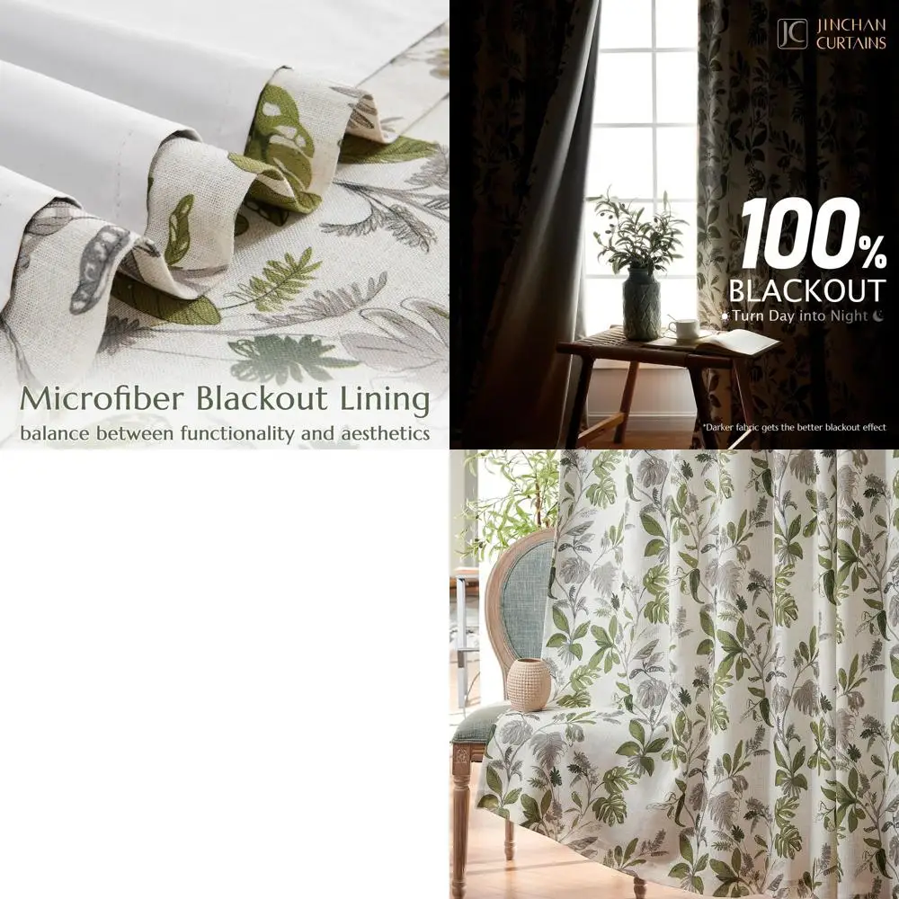 

Льняные шторы с тропическим зеленым узором из листьев, 96% затемнения, с подкладкой, для спальни, гостиной и в стиле фермерского дома