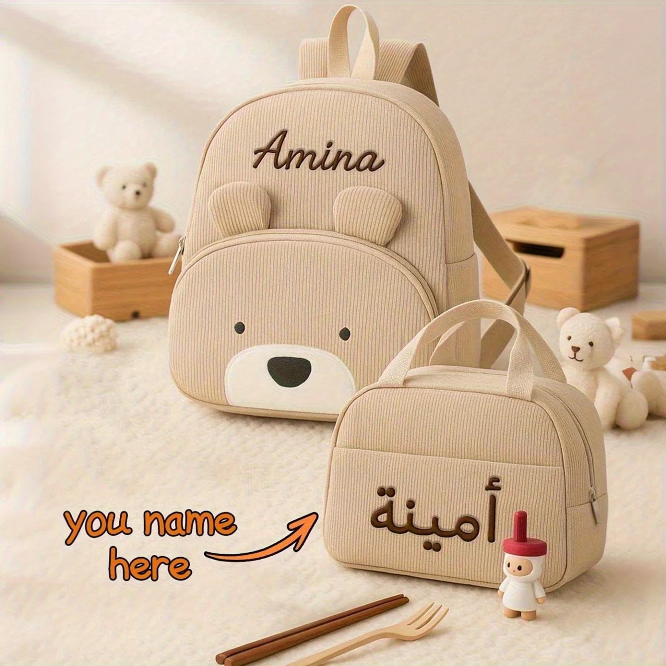 Customized Name Backpacks & Lunch Bag Embroidered Text Adorable Bear Schoolbag Portable for Boys & Girls Great for School Outdo