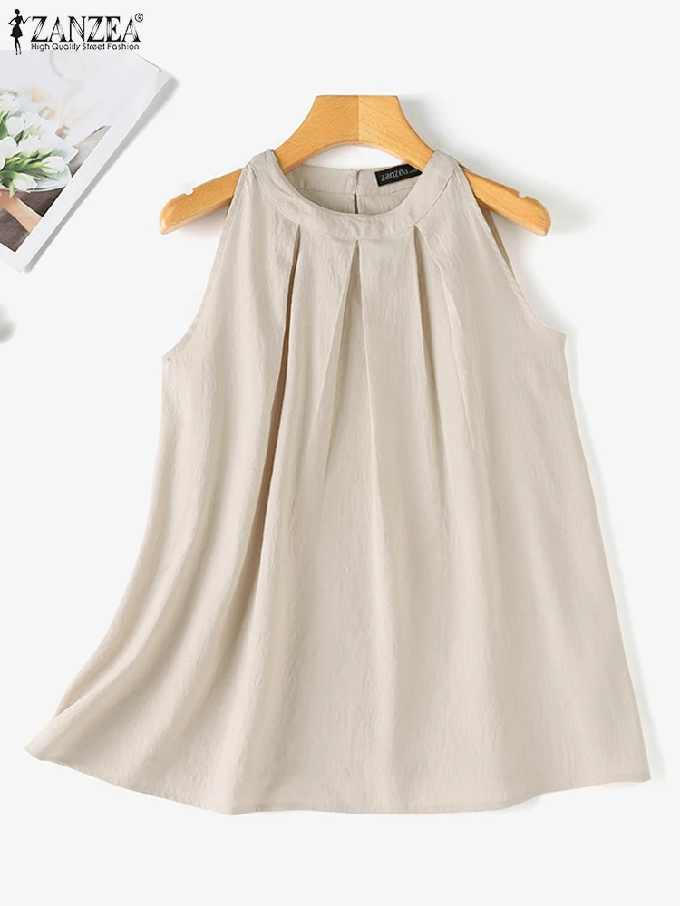 ZANZEA Korean Sleeveless Blouse Fashion Women Sweety  Pleated Tank Tops 2024 Summer Casual Shirts Holiday O-neck Tunic Oversized