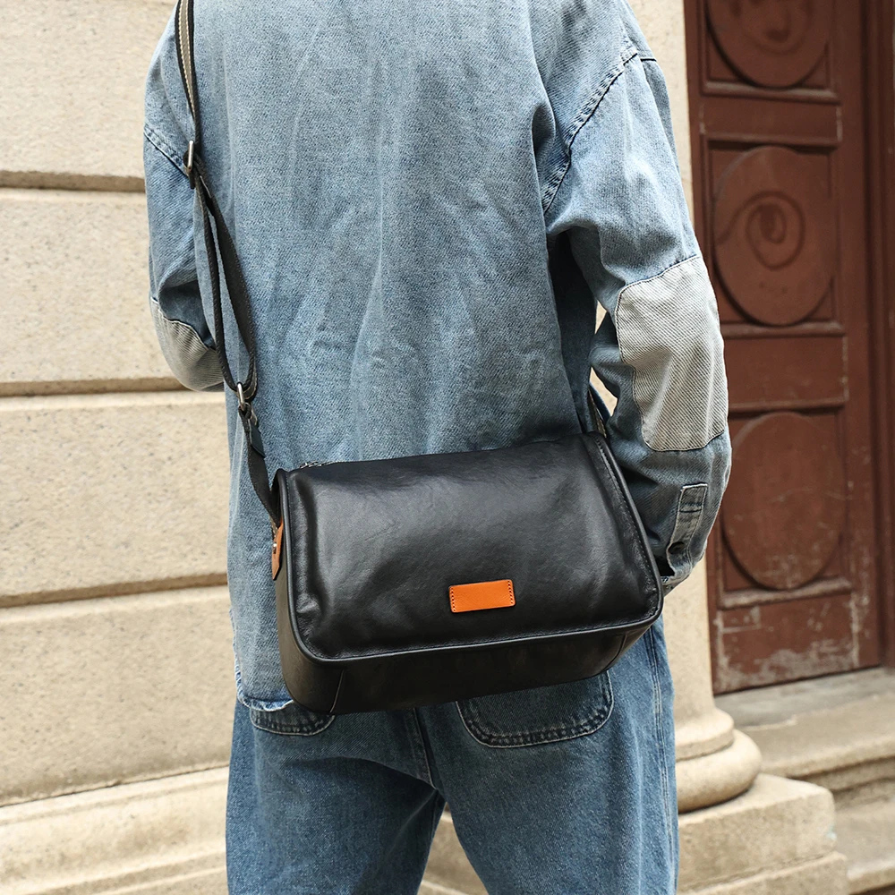 Top layer cowhide fashionable shoulder bag for men trendy single shoulder bag men's genuine leather retro crossbody bag