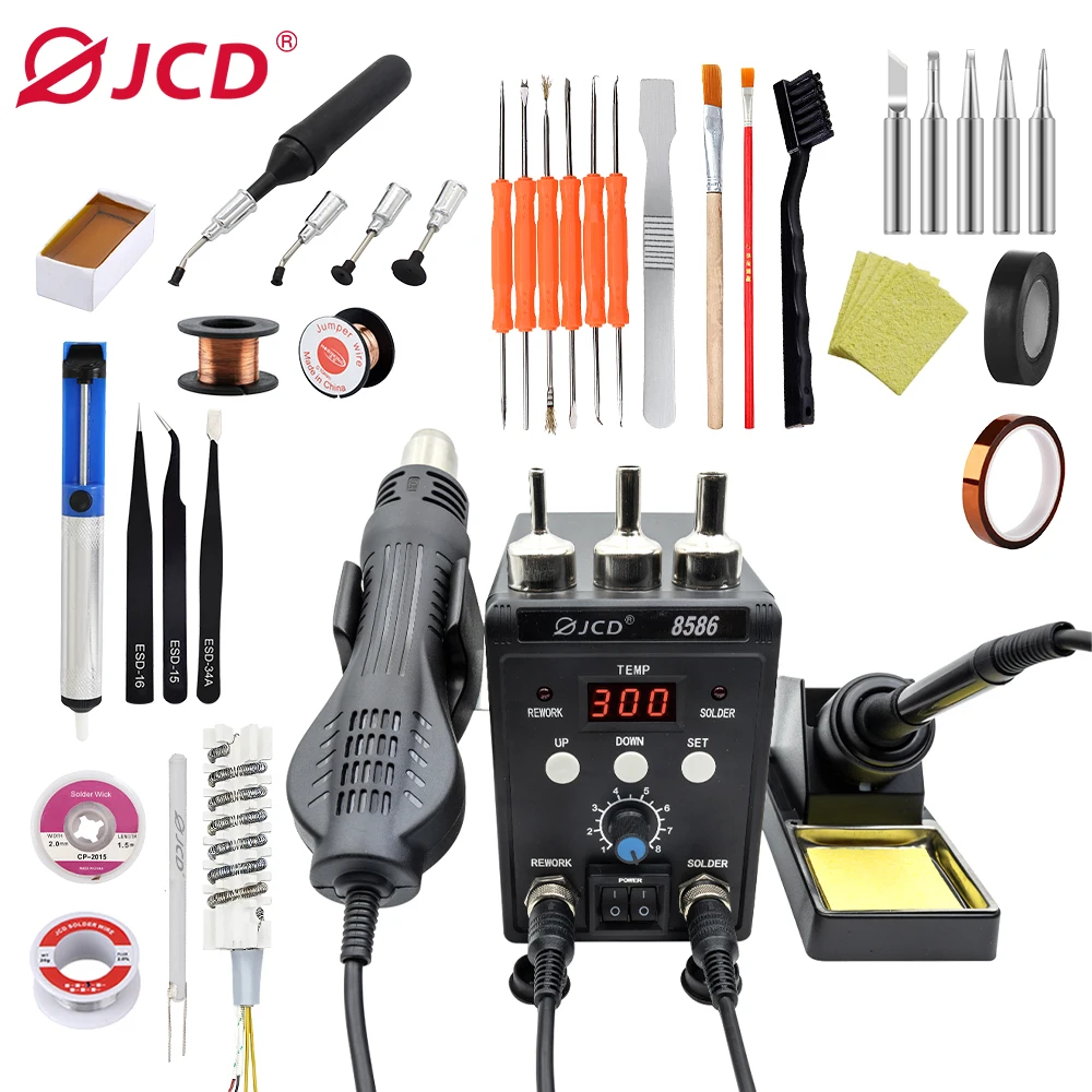 JCD 8586 2-in-1 Soldering Station Adjustable Temperature Hot Air Gun Soldering Iron Mobile Phone Repair BGA Welding Repair Tool