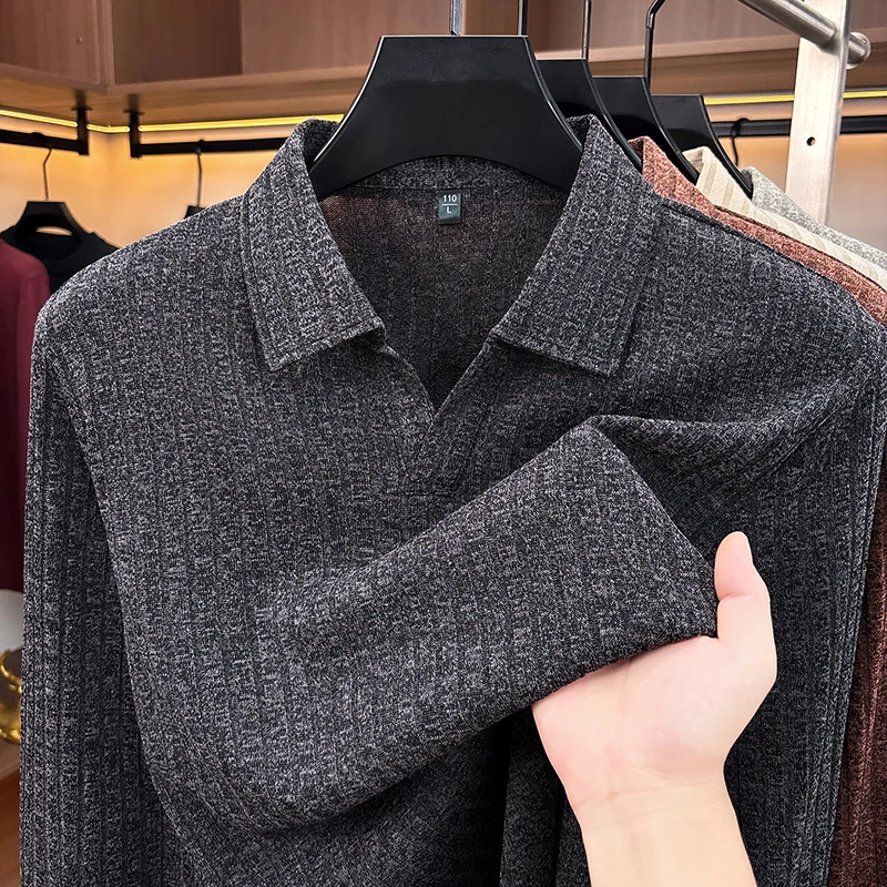 Herren-Pullover mit Polokragen und V-Ausschnitt, Strickpullover mit vertikaler Rippstruktur, langärmelig, weich, dehnbar, schmal geschnitten, Winter, Freizeit, Business, Herrenoberteile – Detail 9