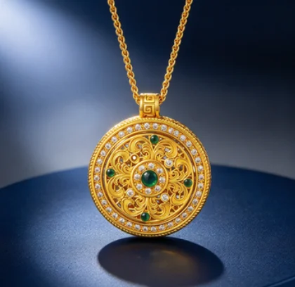 Hollow-out flower silk point diamond compass necklace ancient court style fashion pendant 9999gold