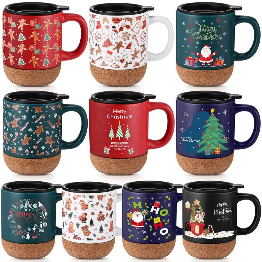 

10 Set 12 oz Christmas Ceramic Coffee Mugs with Cork Bottom Spill Proof Lid Handle Santa Gingerbread Man Aesthetic Neutral Cups