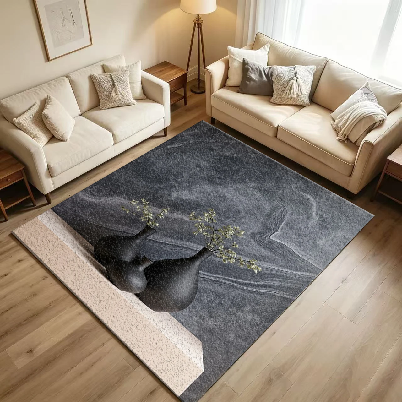 Black Vase Branch Marble Texture Modern Minimalist Carpet Flooring Home Art Decor Rug