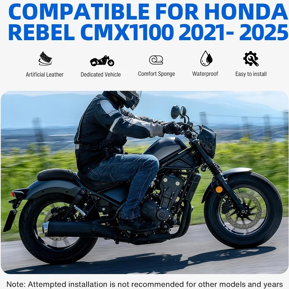 Vintage Black Diamond Motorcycle PU Leather Front Driver Seat Rider Cushion For Honda Rebel 1100 CMX1100 CM1100 2021-2026