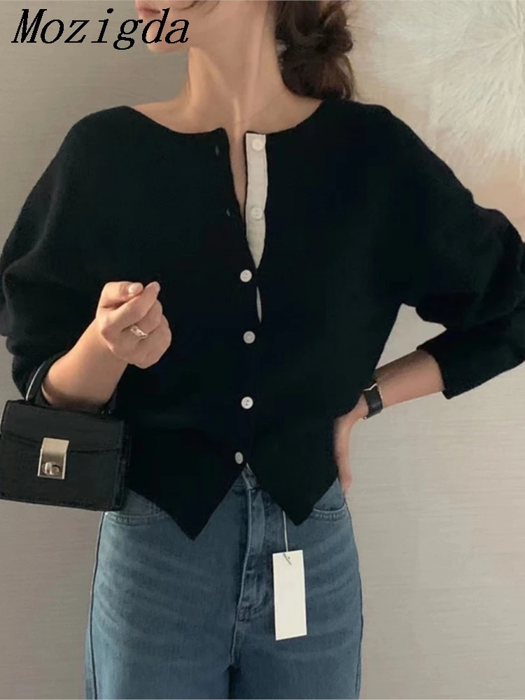 Autumn Loose Round Neck Black Knitted Cardigan Jacket Sweaters For Women Sueters De Mujer Grunge Cropped Pull Femme Ladies Tops