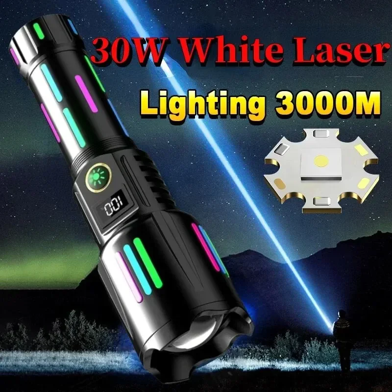 Powerful White Laser LED Flashlight Zoom Waterproof Type C Rechargeable Handlamp with Luminous Strips for Hunting Fishing