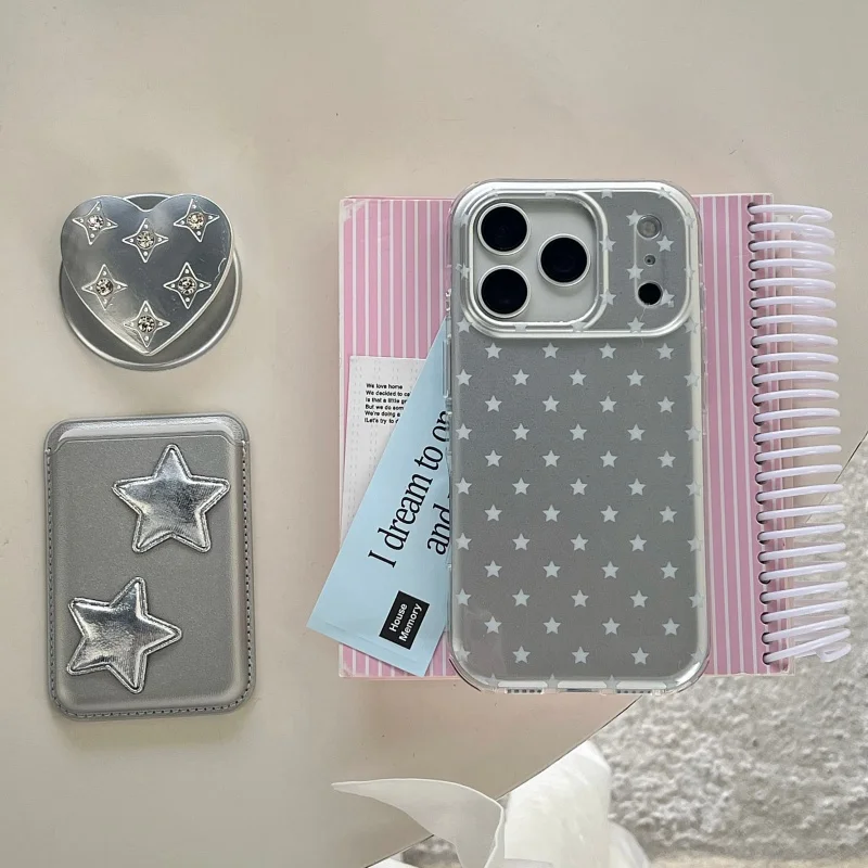 

Милый чехол для телефона с магнитной подставкой и серебряной звездой для iPhone 17 Pro 16 15 14 Pro Max, чехол с держателем для карт, кавайные чехлы 17 Pro