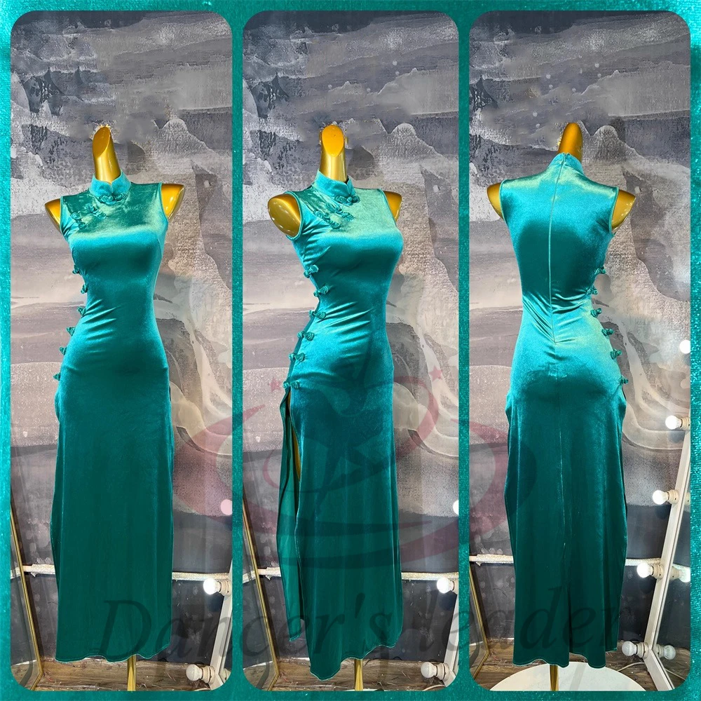 Dança latina adulto crianças vestido high-end personalizado longo veludo cheongsam fenda precisamente tango roupas femininas