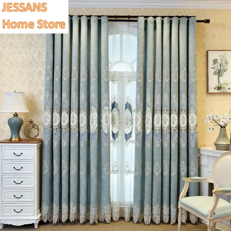 

New European-style Curtains for Living Dining Room Bedroom Two-color Chenille Atmospheric Villa Hollow Embroidered Curtains