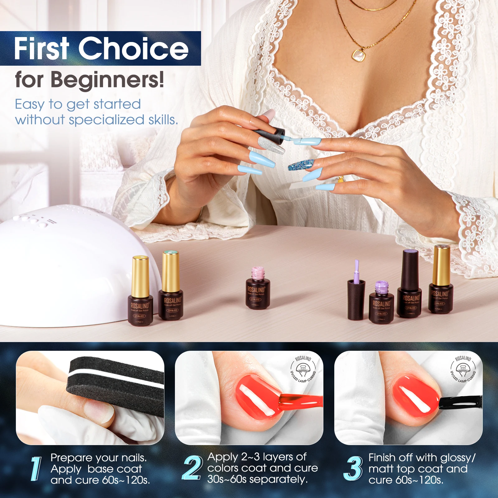 ROSALIND Shiny Nail Gel Nail Polish Set -20 Colors +3pcs Base Top Coat Semi Permanent Soak Off UV Gel Varnishes Kit for Beginner