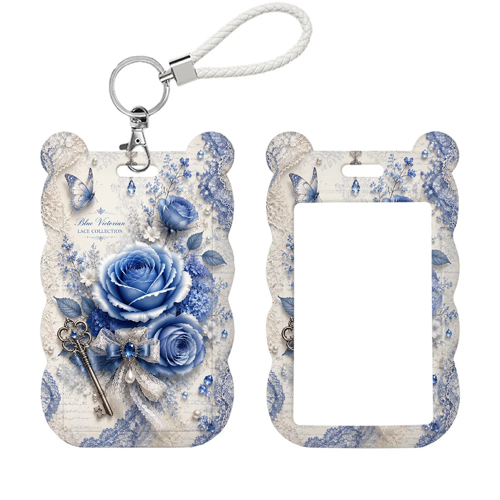 Rose Flower Blue Enchantress Card Holder Work Permit Name Badge with Keychains Student Id Card Lanyard Holder Accessories