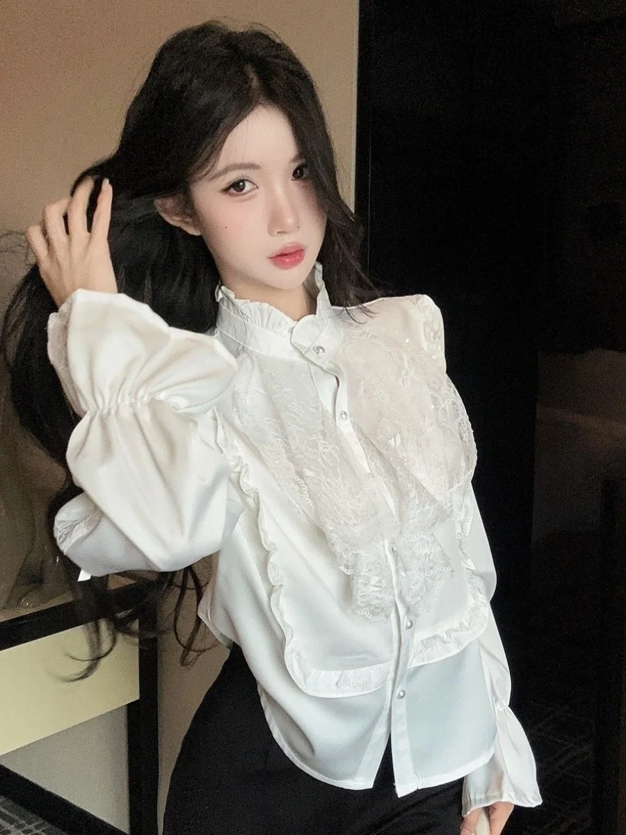 

Silk antung Bubble Sve irt Women Early Spring Court Stand Collar Base Layer Lace Inner Wear irt Girls
