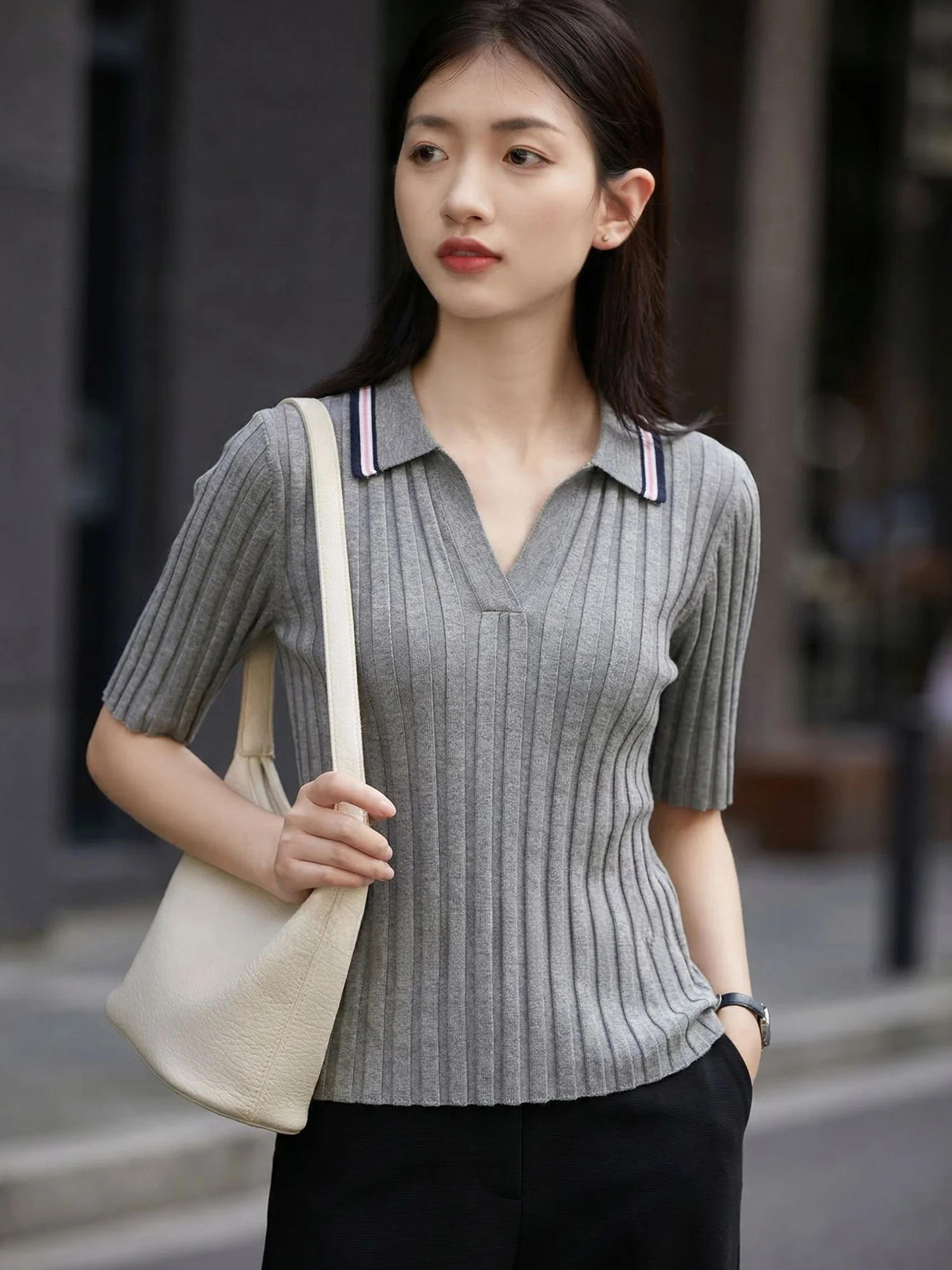 

Chivirin Cashmere Neck Short Sleeve Knitted Shirt Women's Slim Fit Preppy Style Summer Casual Top Quality Fashion