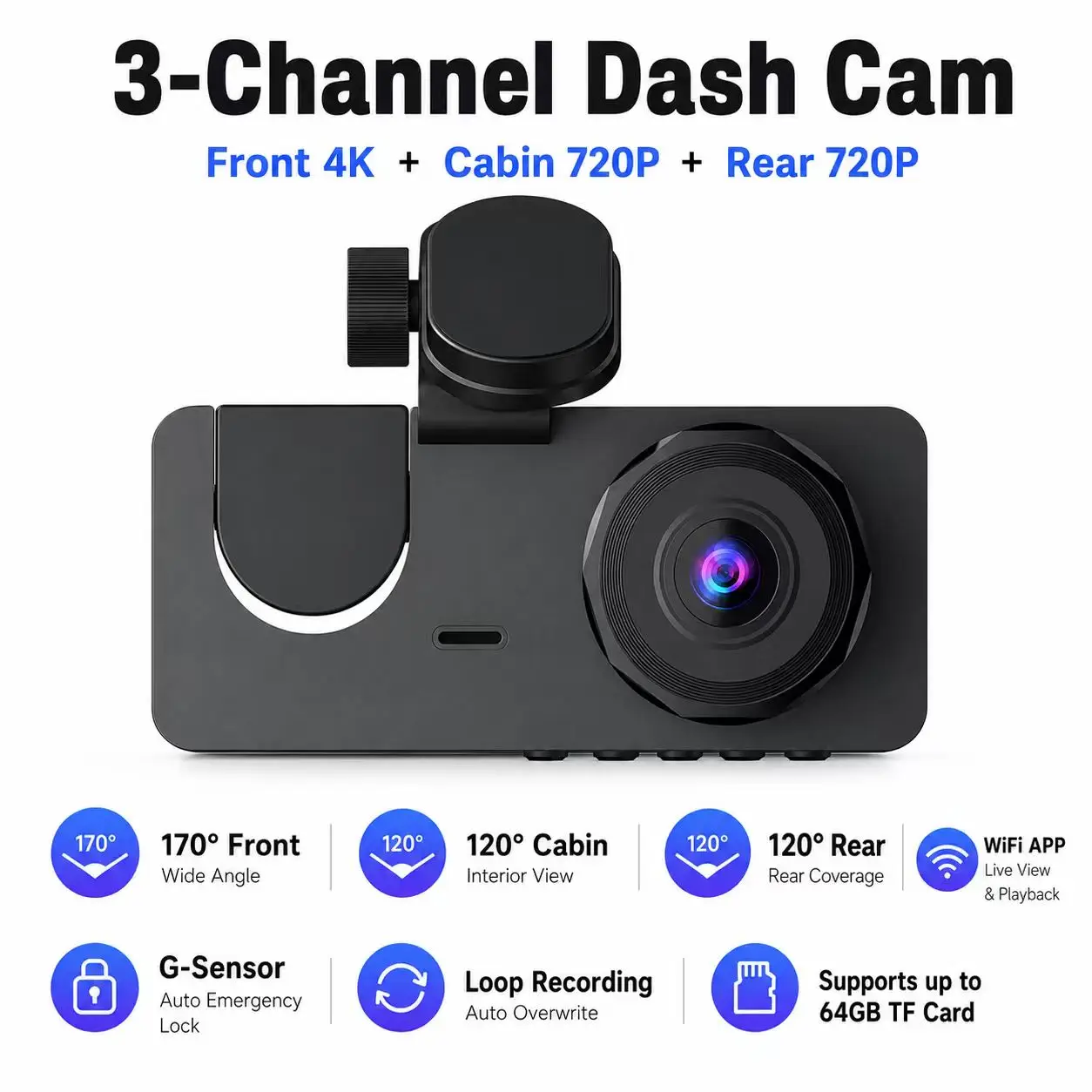 Car DVR 3 Channel Dash Cam for Car 4K Video Recorder WIFI APP Dashcam Front and Rear View Camera Night Vision Car Accessories