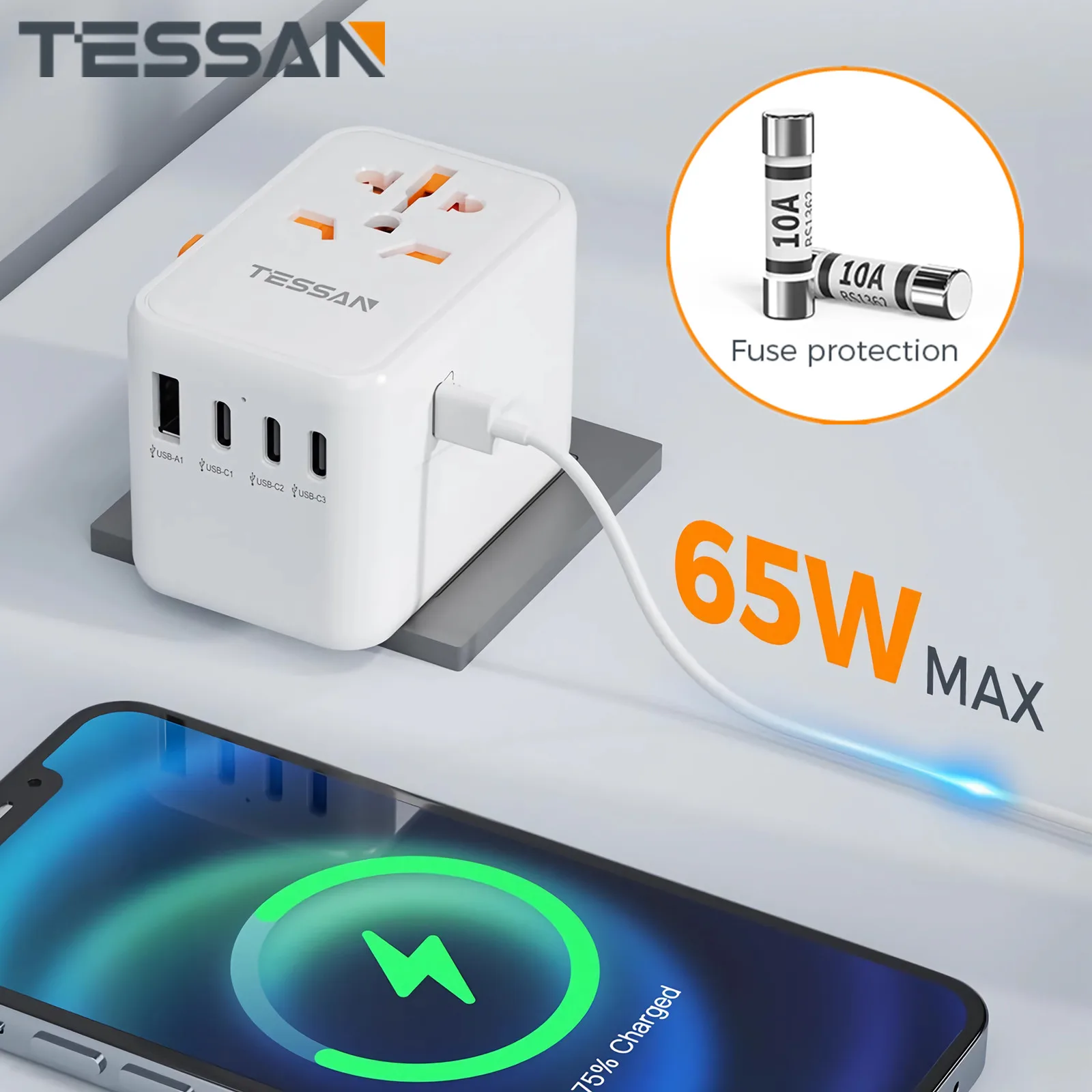 TESSAN 65W International Universal Travel Adapter with USB Ports Type C Power Adapter Fast Charger EU/UK/USA/AUS Plug for Travel