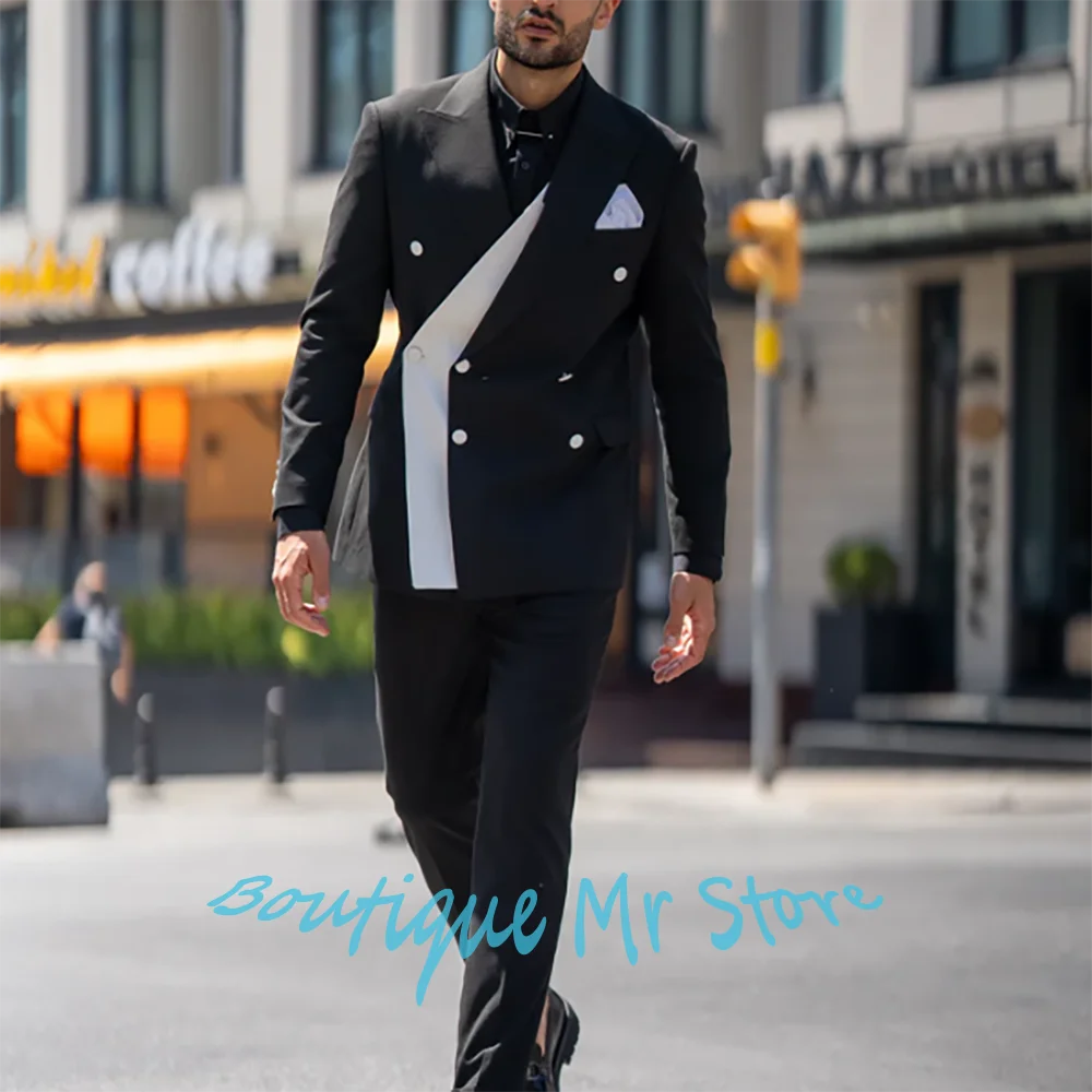

Стильные мужские черные трехбортные костюмы с белым акцентом, комплект из 2 предметов (куртка + брюки), официальная современная одежда для вечернего банкета и вечеринки