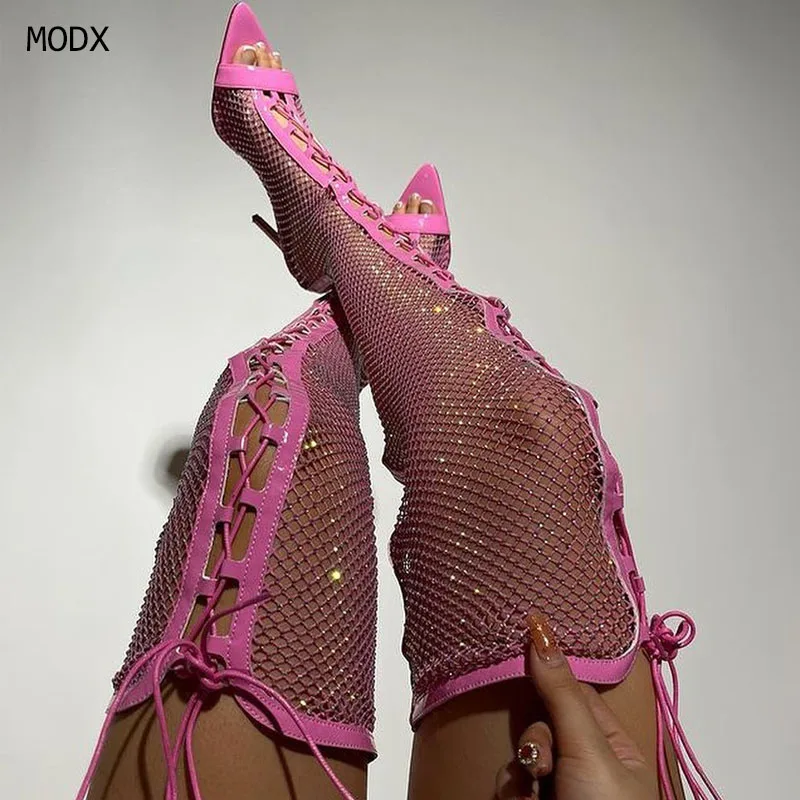 

2025 Full Rhinestone Mesh Summer Boots Women Thigh High Over The Knee Sandals Banquet all match women's pointed toe boots 44