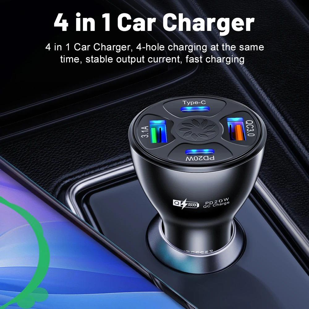 32 واط USB شاحن سيارة شحن سريع 4 منافذ PD نوع C سيارة مهايئ شاحن الهاتف آيفون Xiaomi سامسونج شاحن سريع في السيارة