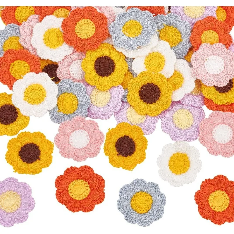 60 PCS 6 Colors Crochet Flowers Applique 1.2x1.3inch Sewing Flowers Cloth Patches Handmade Knitted Flowers Patches Crocheted