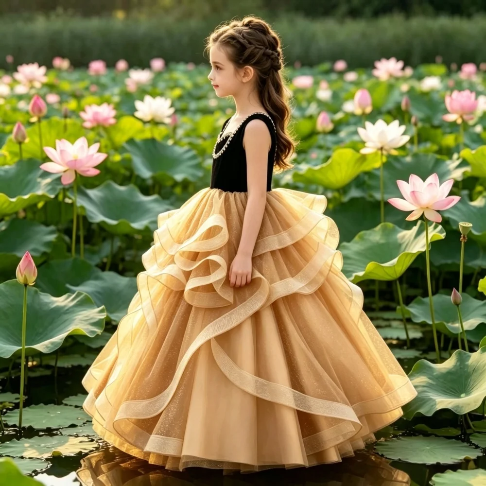 Custom Flower Girl Dress Wedding Party Pageant Catwalk Sleeveless Rhinestone Black Top Gold Tulle Kids Gown فساتين اطفال