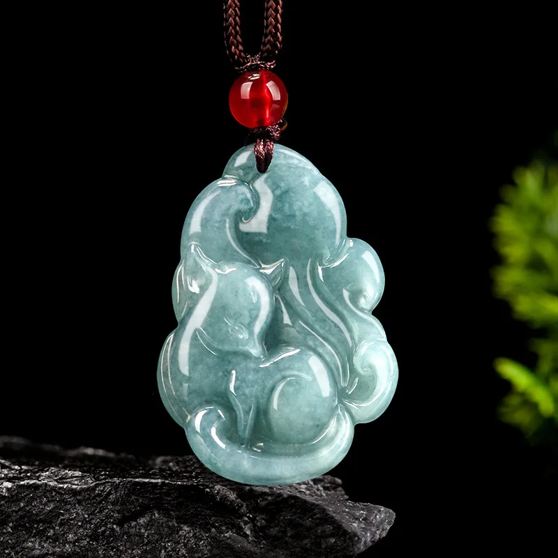 

Authentic Natural A-grade Jadeite Blue Water Fox Fairy Nine Tailed Fox Pendant Glutinous Seed Jade Charms Flower Piece Wholesale