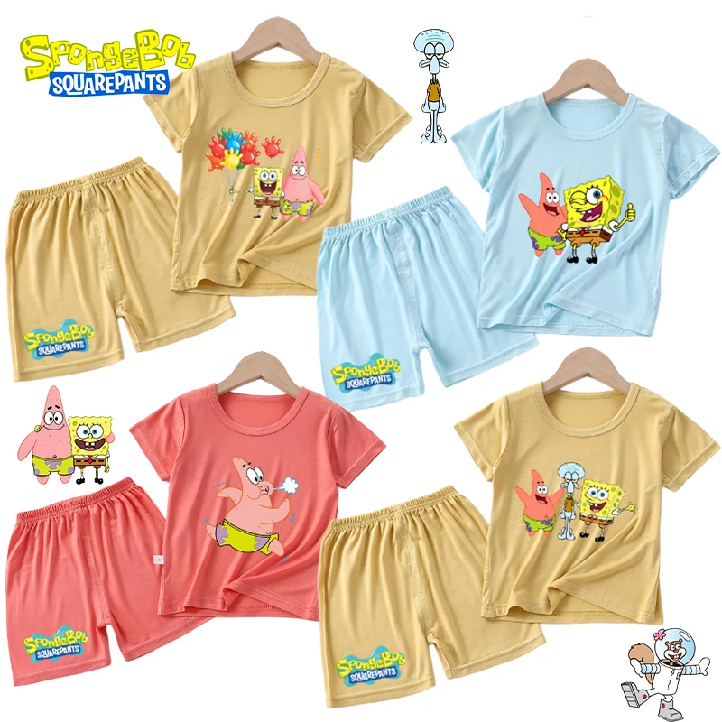 

SpongeBob SquarePants Kids Pajamas Summer Suit Anime Cartoon Print Baby Sleepwear Set Short Sleeve Shirt Tops Shorts 2 Piece Set