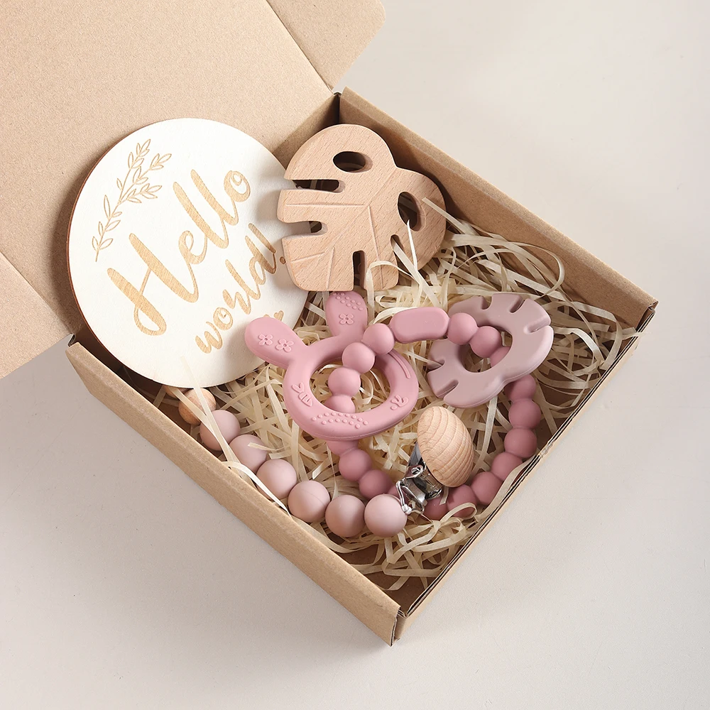 2025 new 4pcs Newborn Gift Set - bunny leaf teether baby pacifier chain antidrop chain photography background set