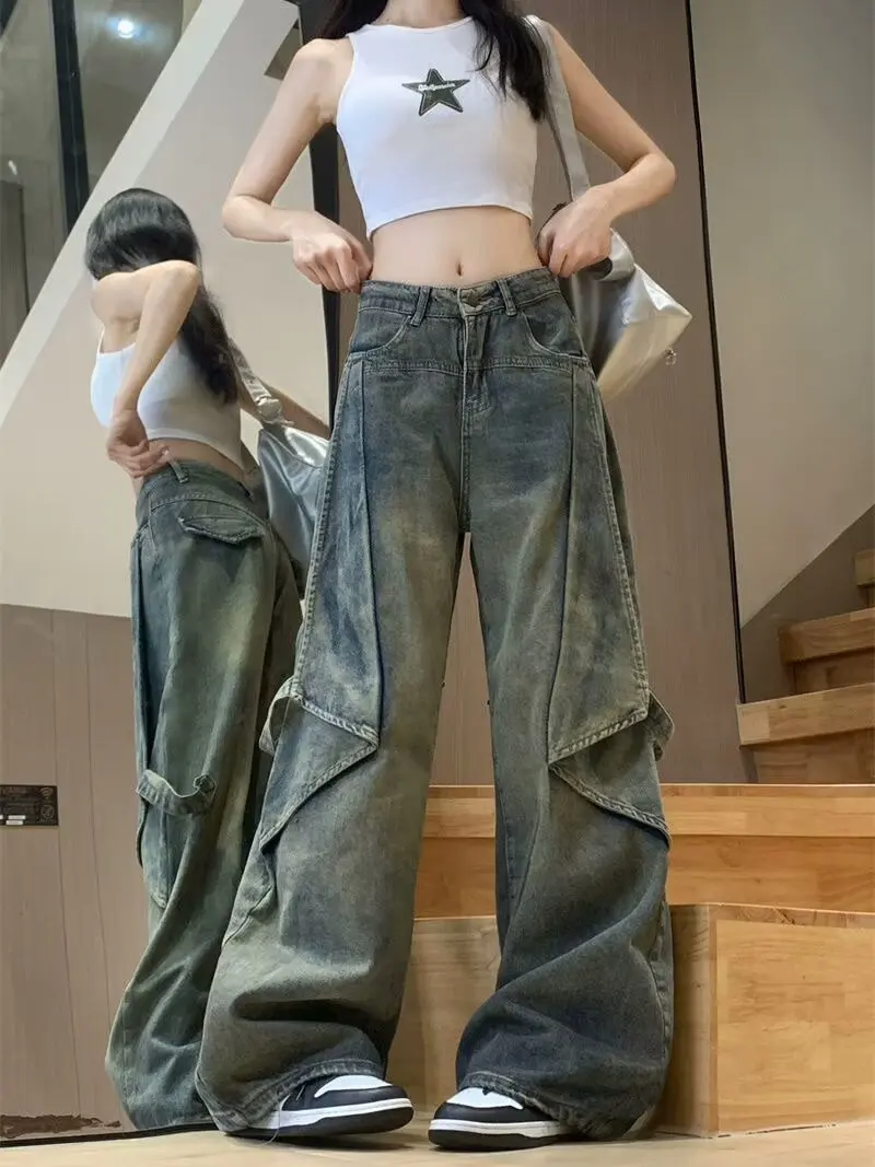Y2K Vintage Straight Casual Wide Leg Jeans Women Streetwear All-Match Washed Denim Trousers Female Vintage 90S High Waist Pants