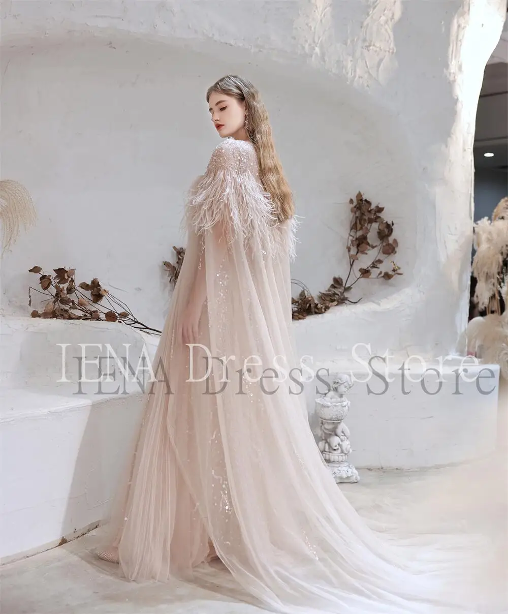 14274#IENA Luxury Prom Dress Off Shoulder A-Line Beading Exquisite Sequins Illusion Scoop Neck Gray Tulle Ceremony Evening Gowns