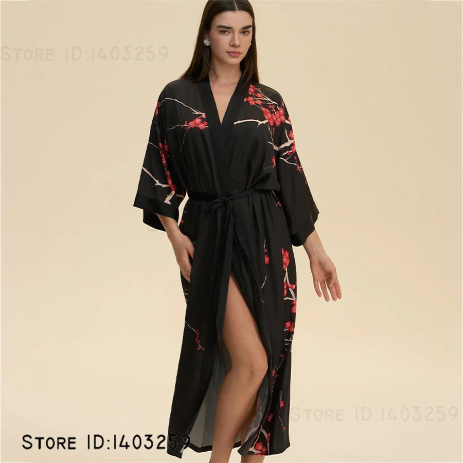 Print Floral Bride Wedding Long Robe Dress Negligee Elegant Silk Satin Kimono Gown Bathrobe Big Size Loose Homewear Nightgown