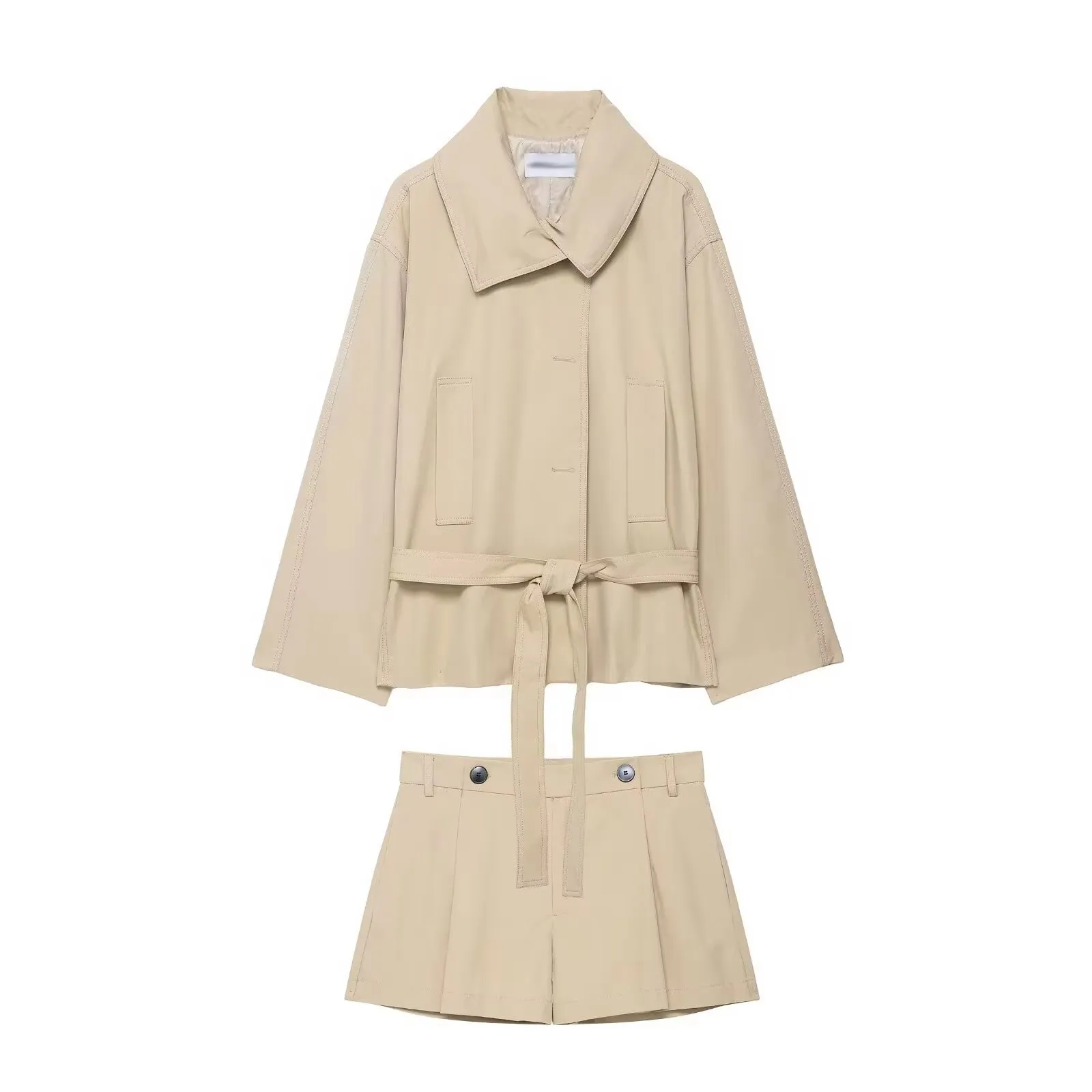 Tweedelige damesset, casual revers, lange mouwen, cropped jasje met riem en geplooide shorts met hoge taille, outfit, lentemode, streetwear - afbeelding 2