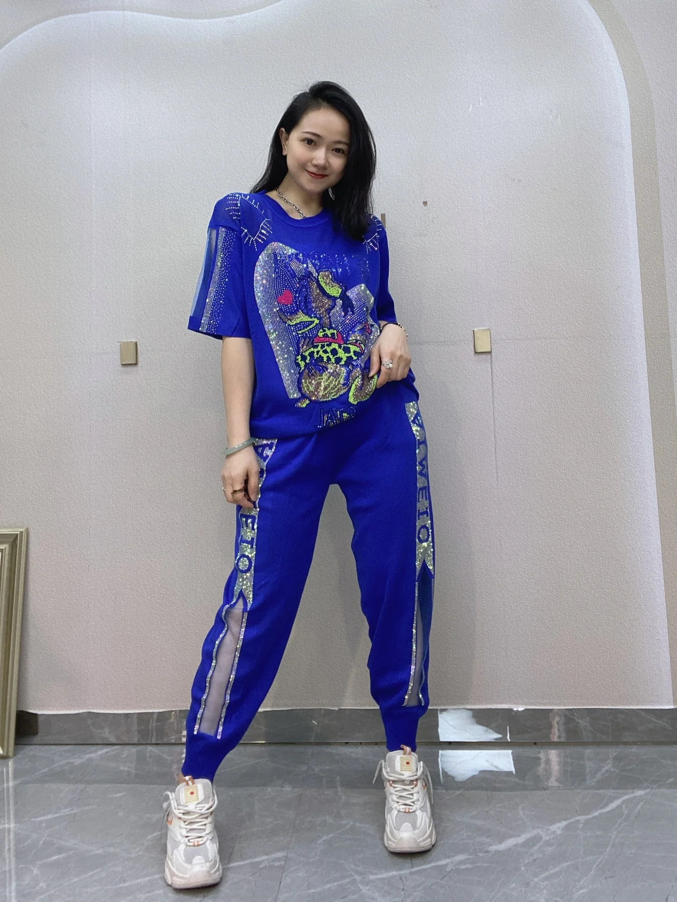 Summer 2024 Fashion High Elasticity Loose Knitted Long Pants Short Sleeve Glitter Brand Cartoon Design Casual Knitting Set